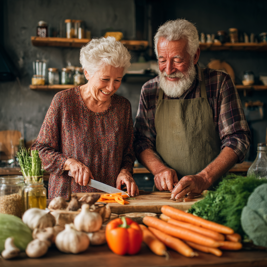 Smiling middle-aged Ukrainian woman with fresh vegetables and healthy meal planning materials