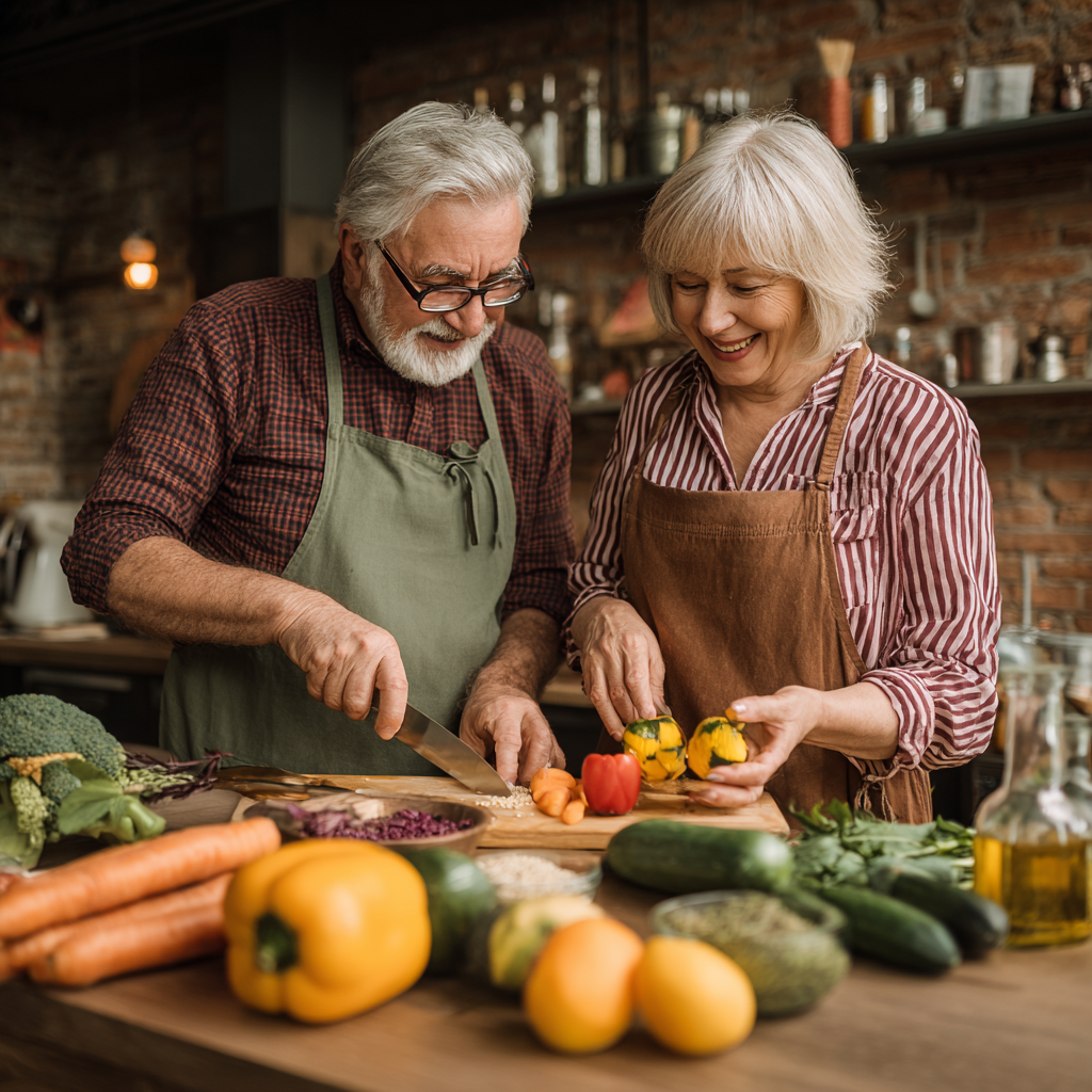 Happy elderly Ukrainian couple enjoying healthy home-cooked meal together